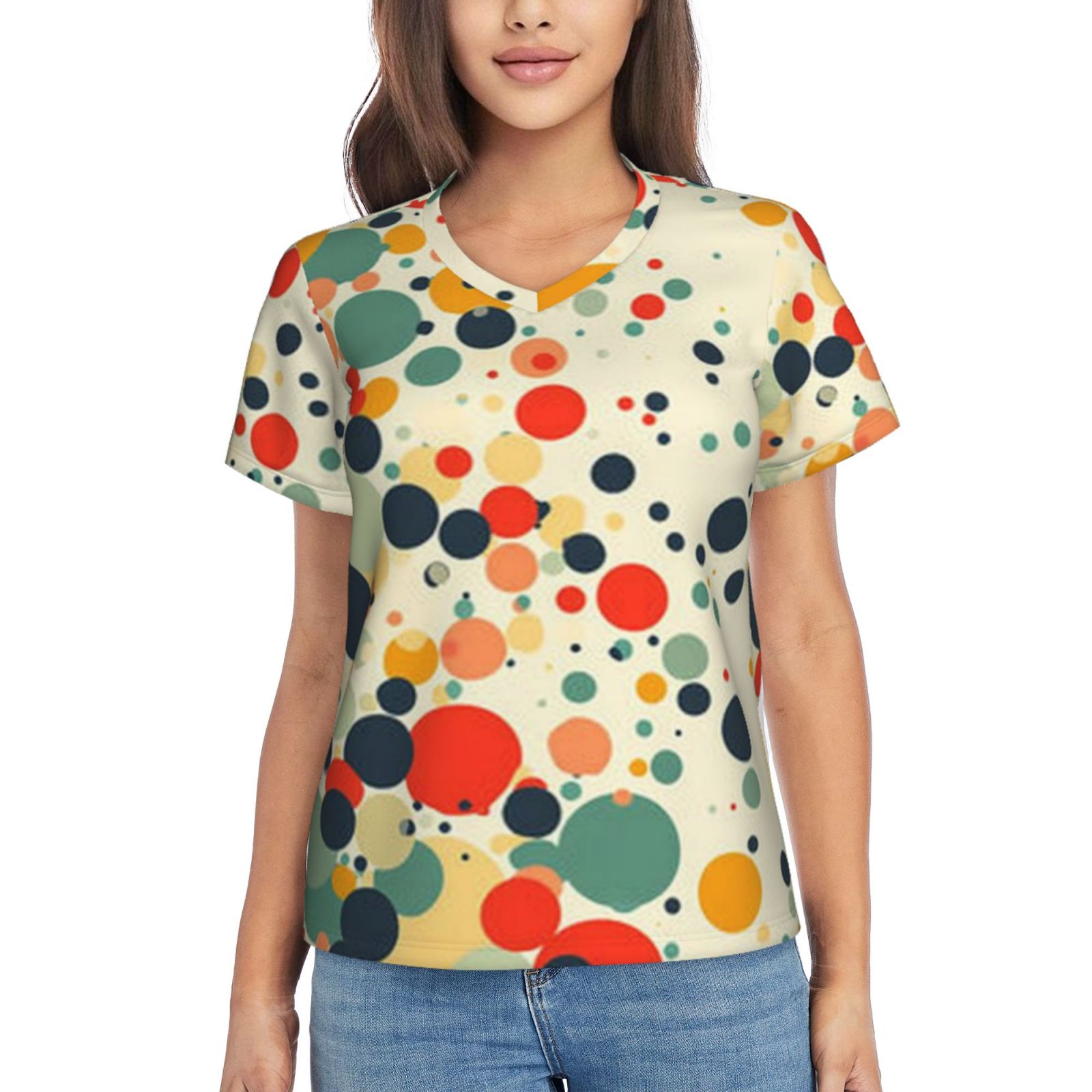 Women's V-neck short-sleeved full-length T-shirt