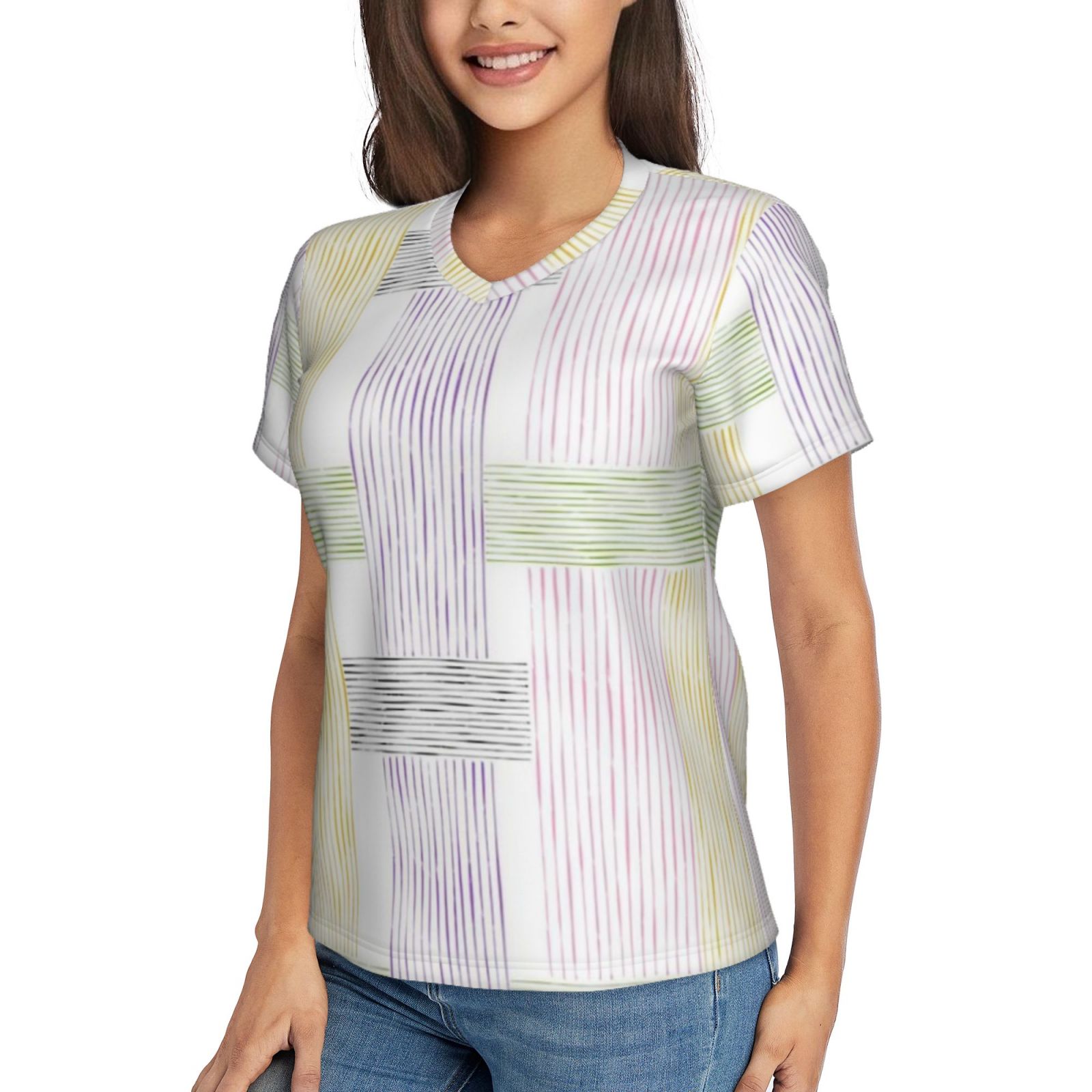 Women's V-neck short-sleeved full-length T-shirt
