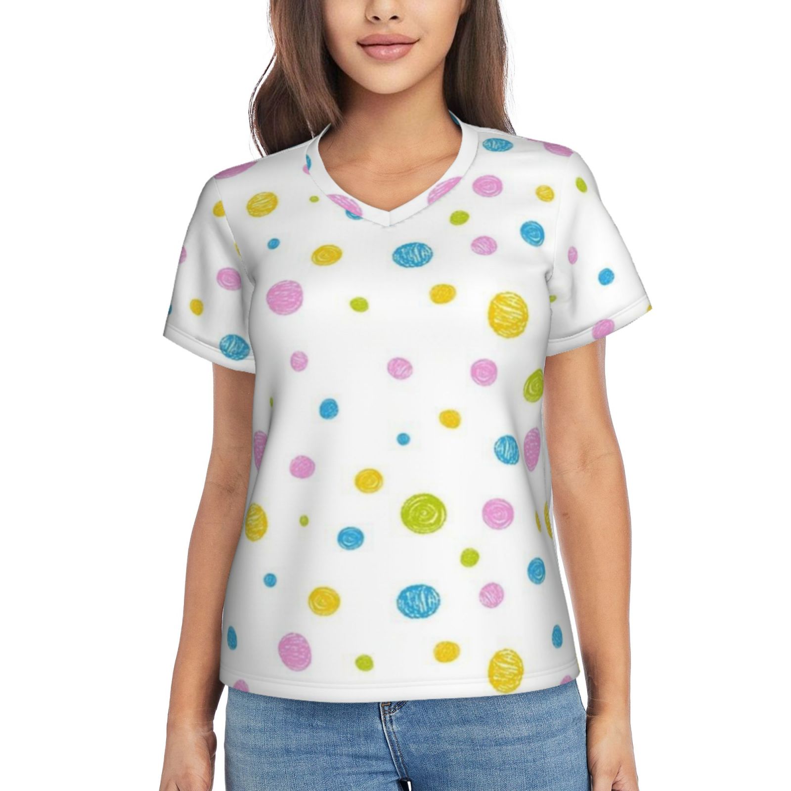 Women's V-neck short-sleeved full-length T-shirt