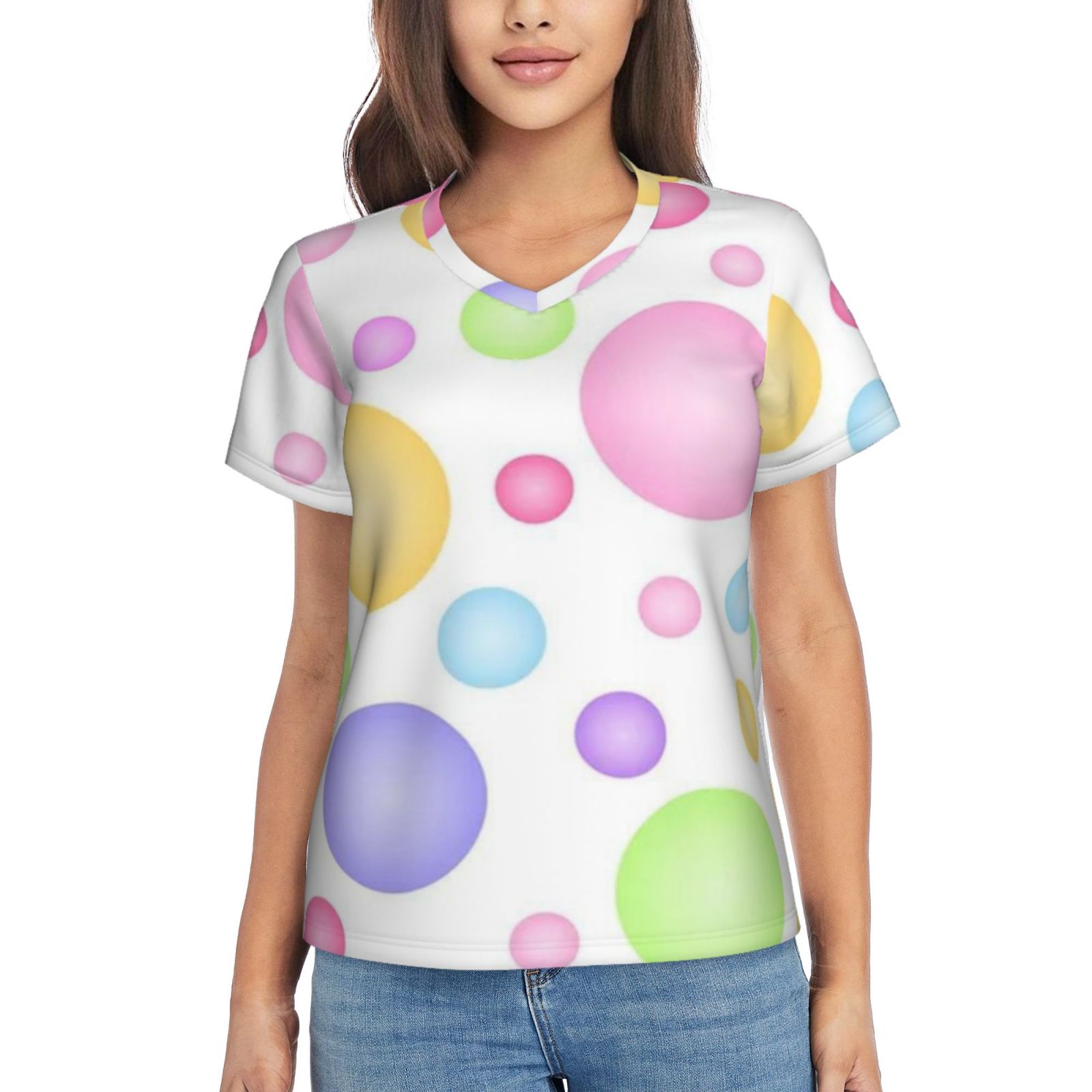 Women's V-neck short-sleeved full-length T-shirt
