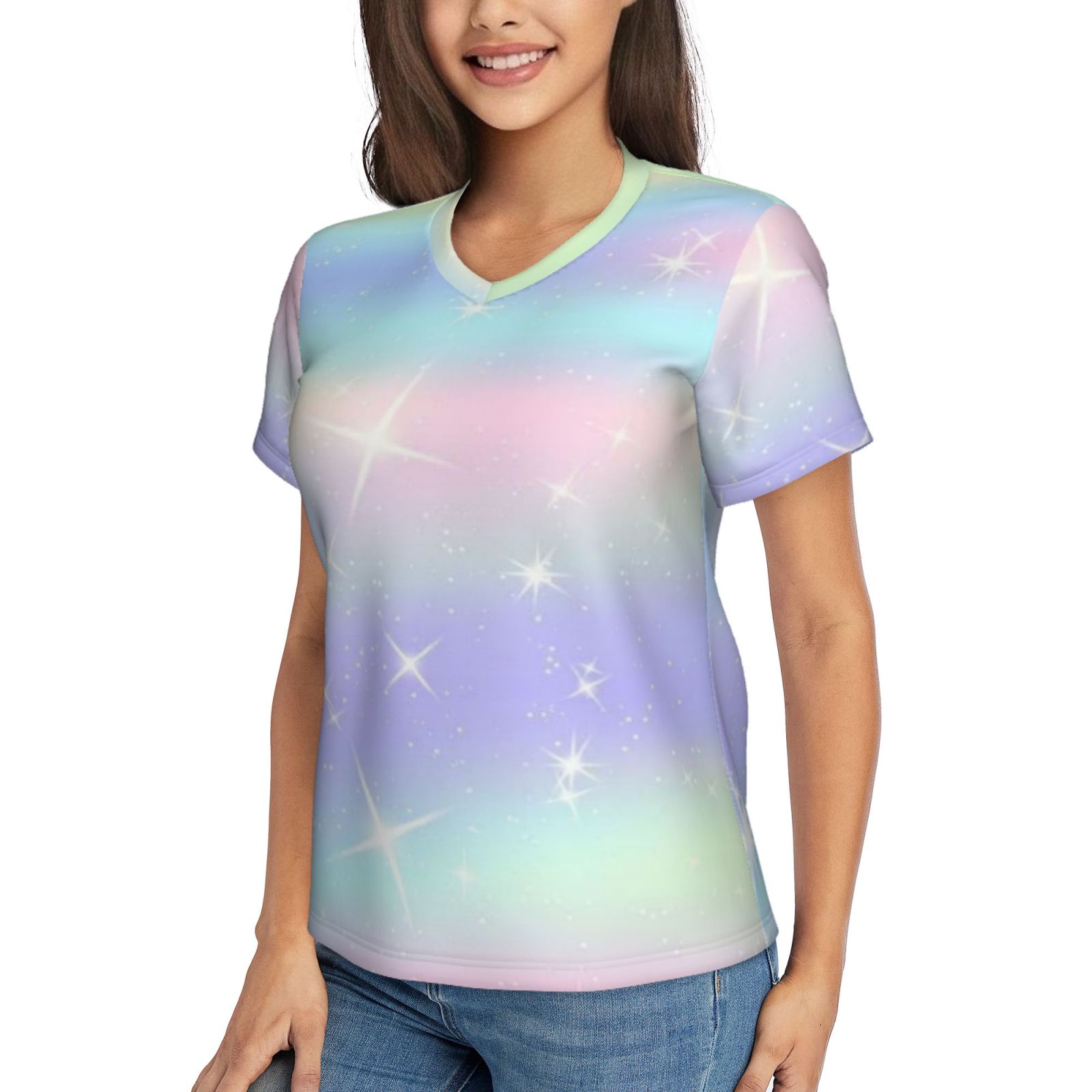 Women's V-neck short-sleeved full-length T-shirt