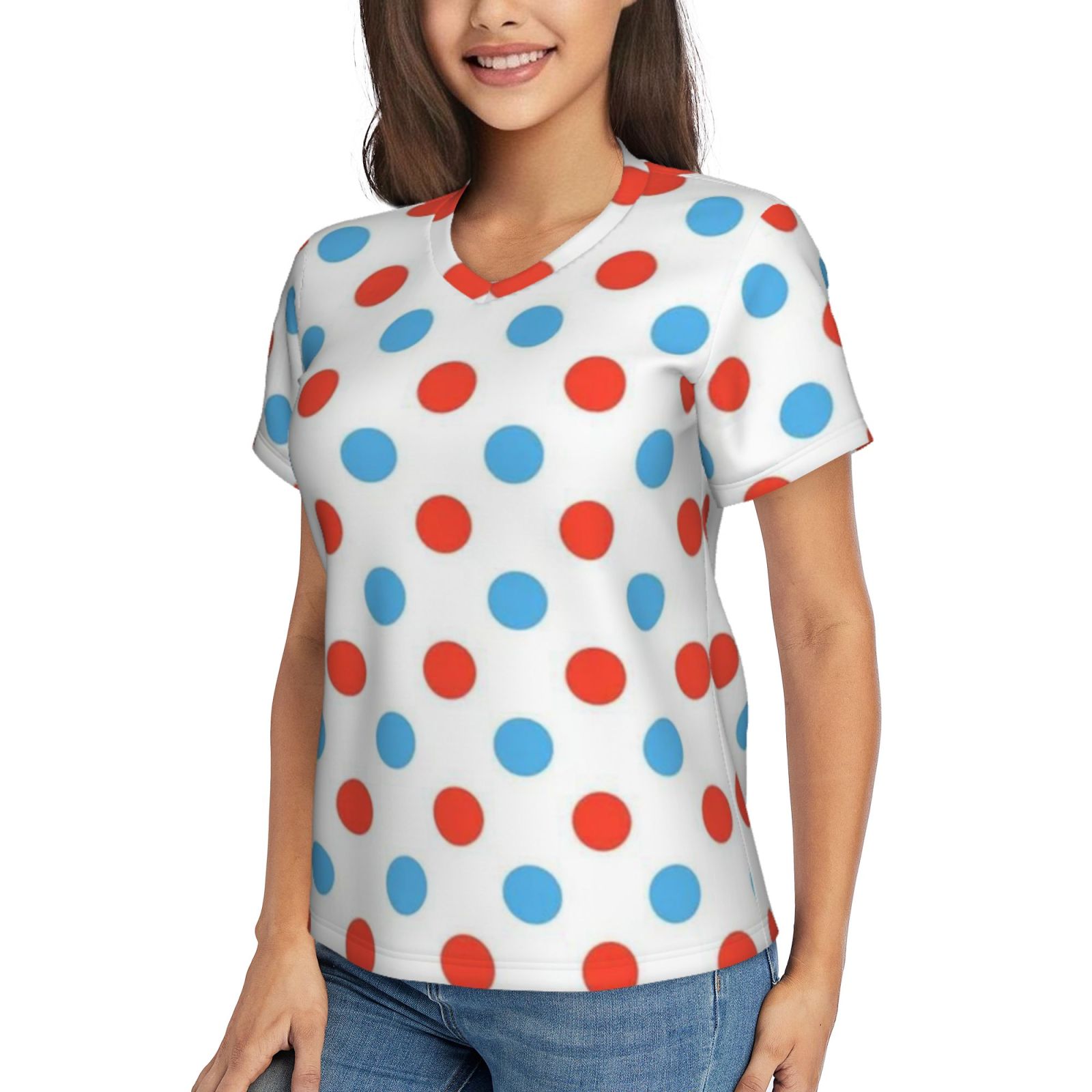 Women's V-neck short-sleeved full-length T-shirt