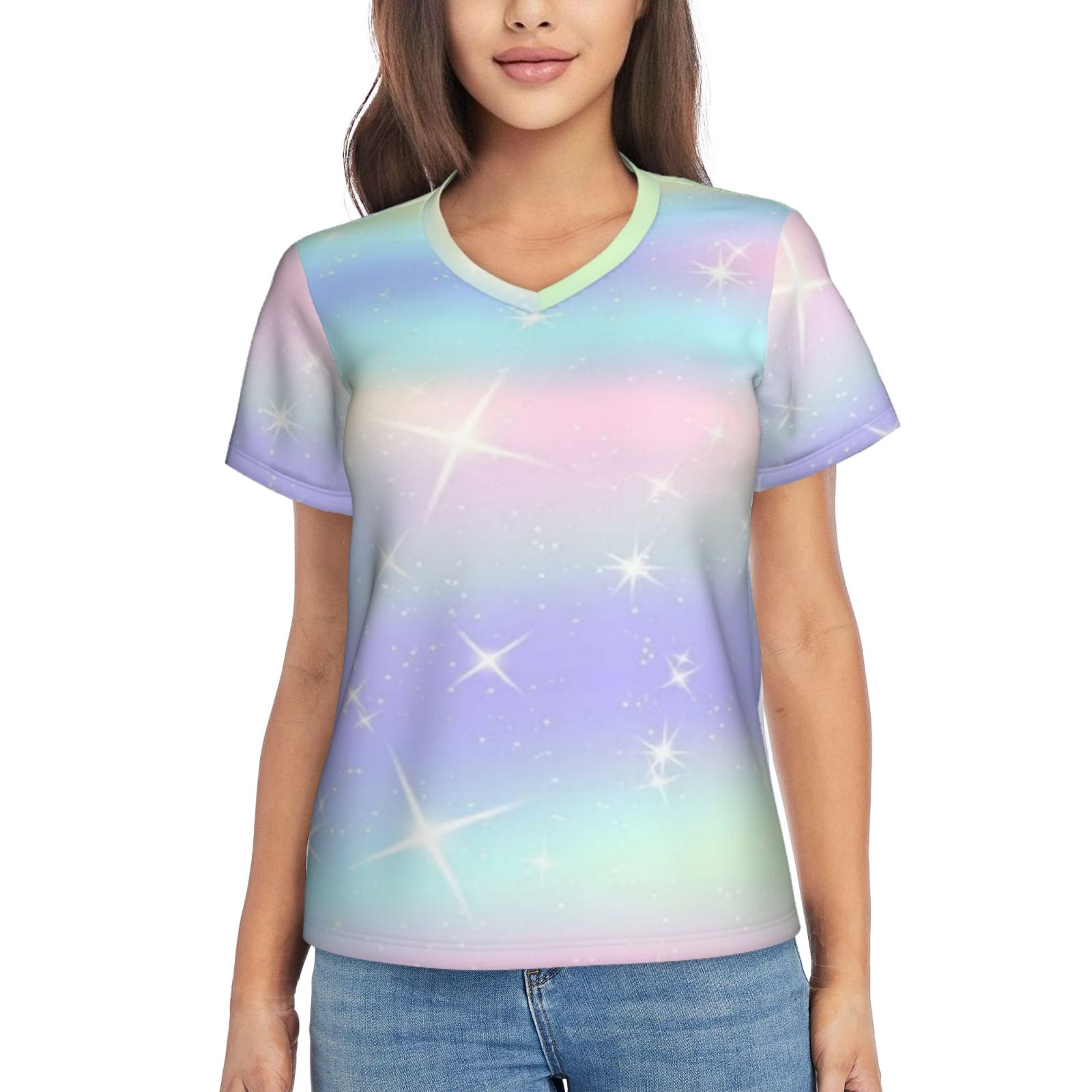 Women's V-neck short-sleeved full-length T-shirt