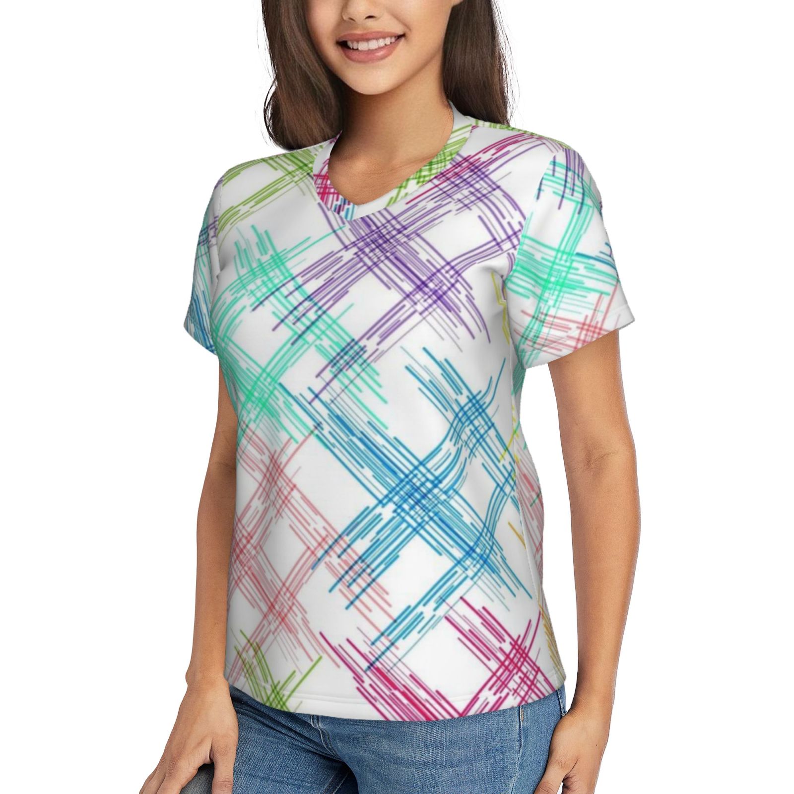 Women's V-neck short-sleeved full-length T-shirt