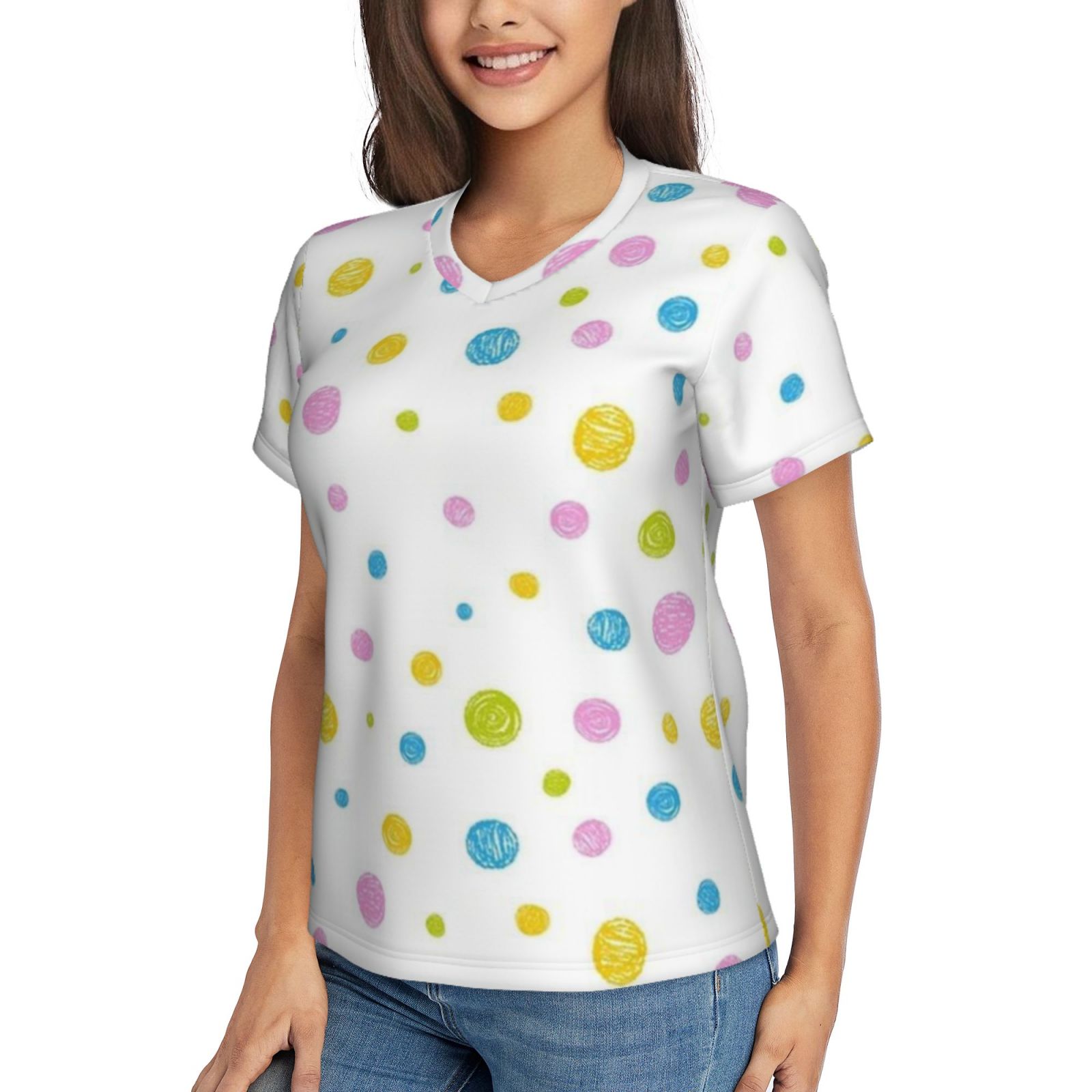 Women's V-neck short-sleeved full-length T-shirt