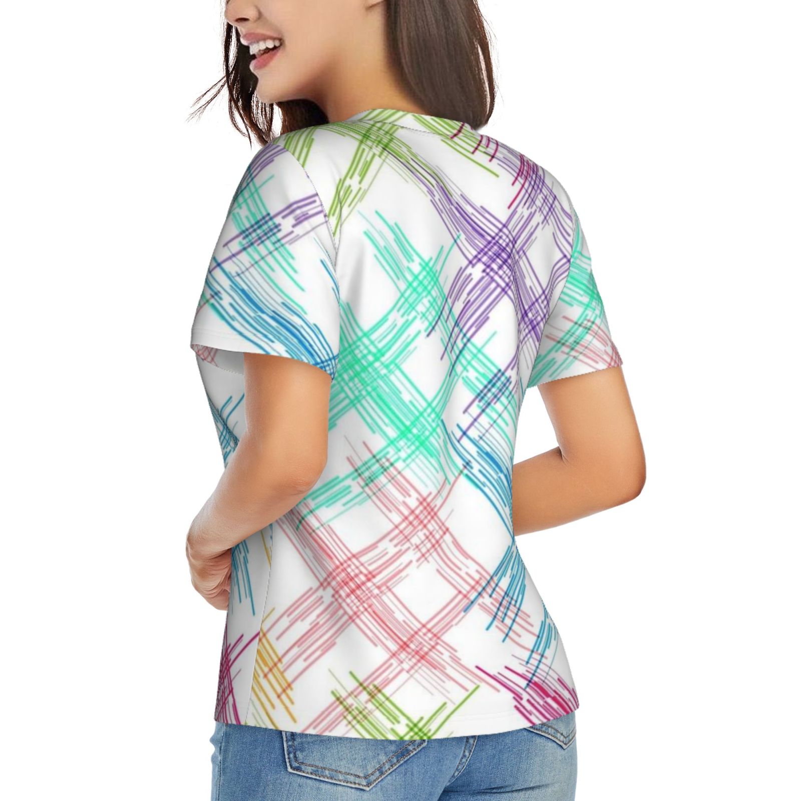 Women's V-neck short-sleeved full-length T-shirt
