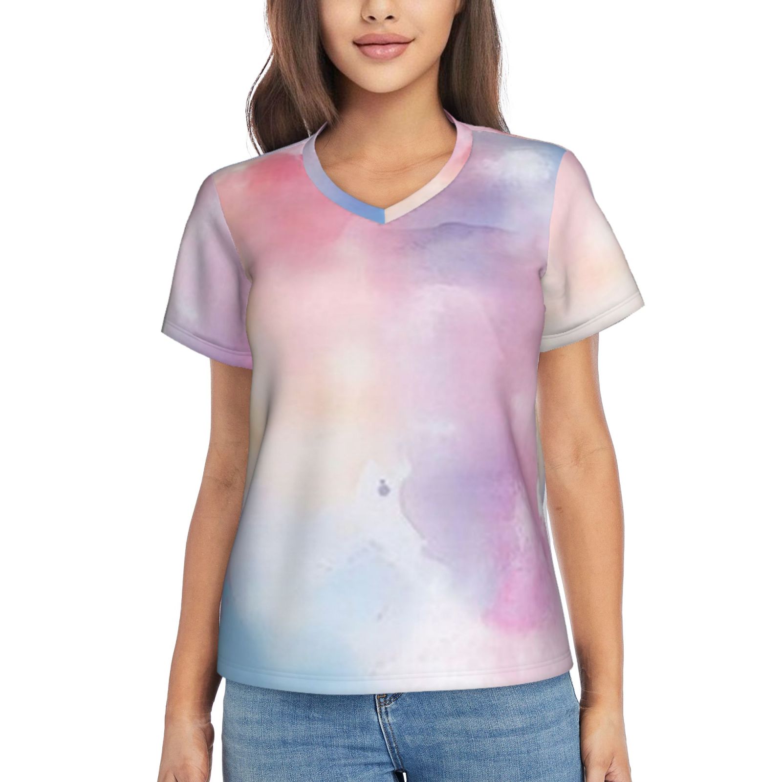 Women's V-neck short-sleeved full-length T-shirt