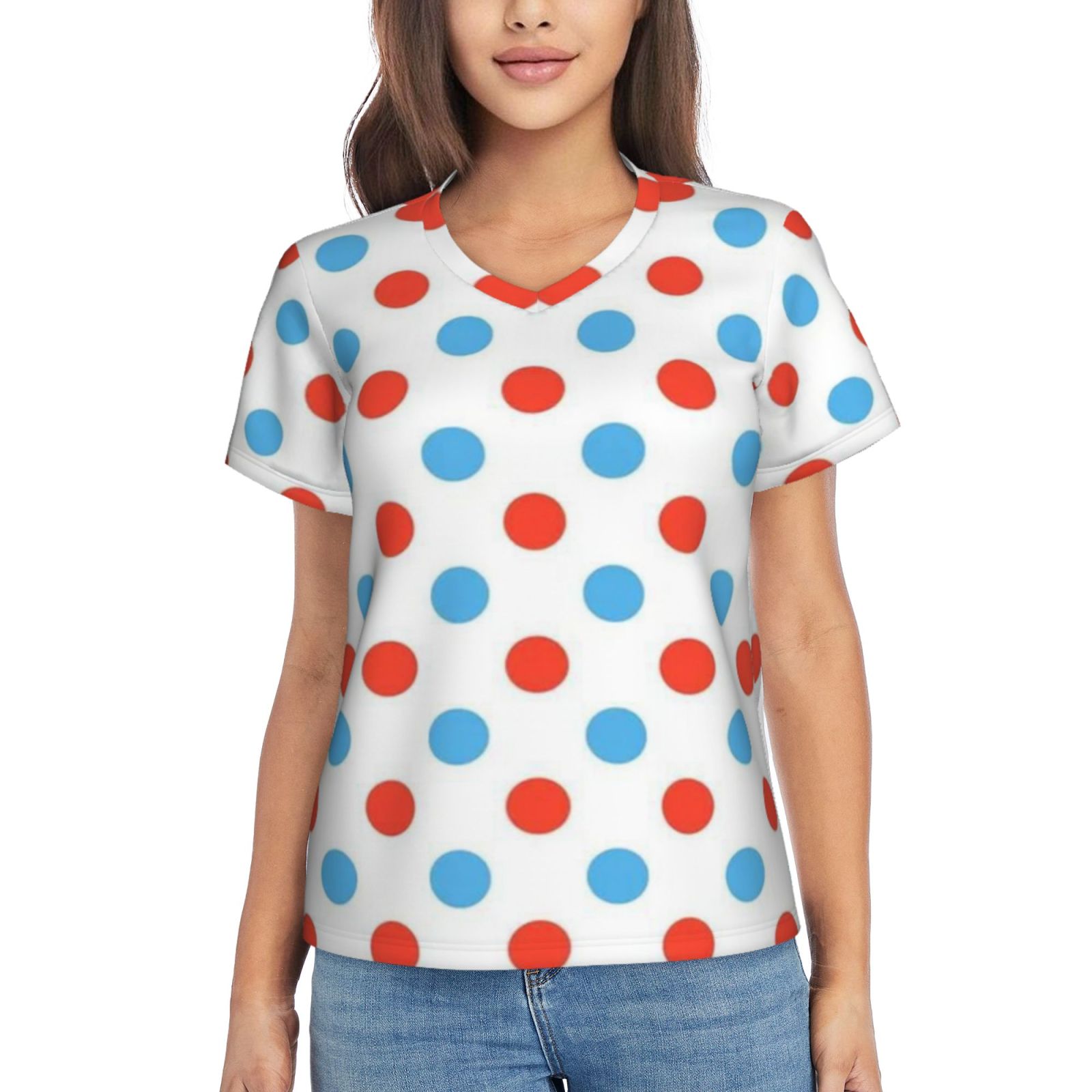 Women's V-neck short-sleeved full-length T-shirt