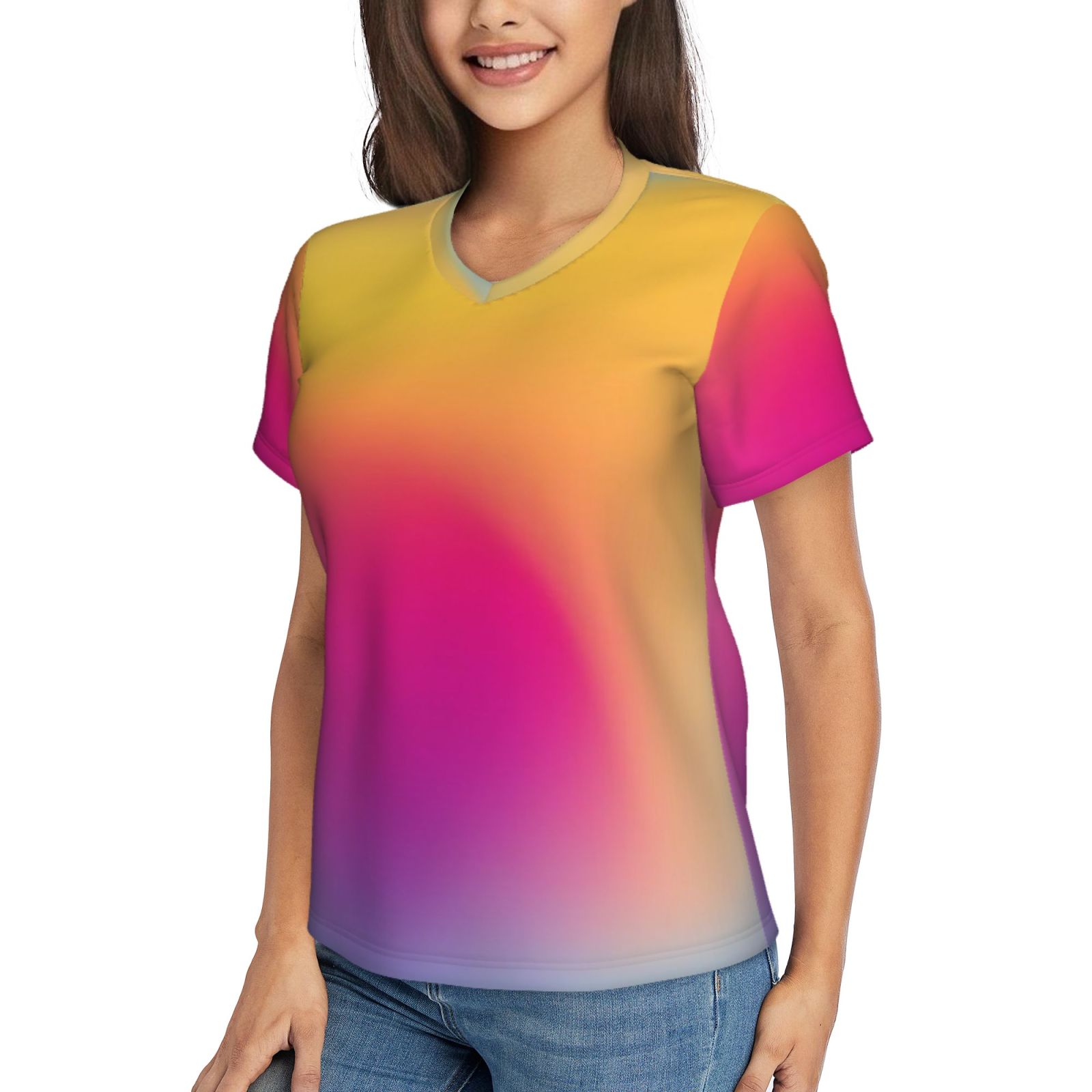 Women's V-neck short-sleeved full-length T-shirt