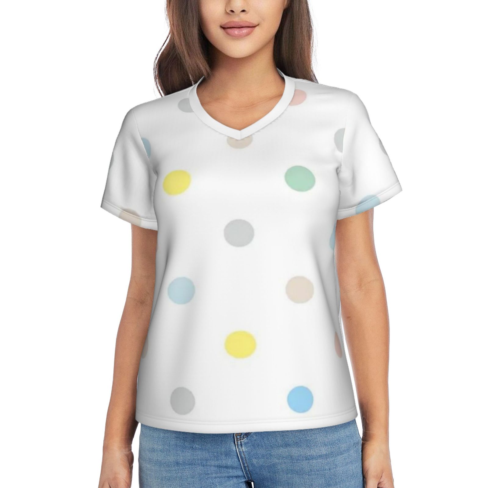Women's V-neck short-sleeved full-length T-shirt