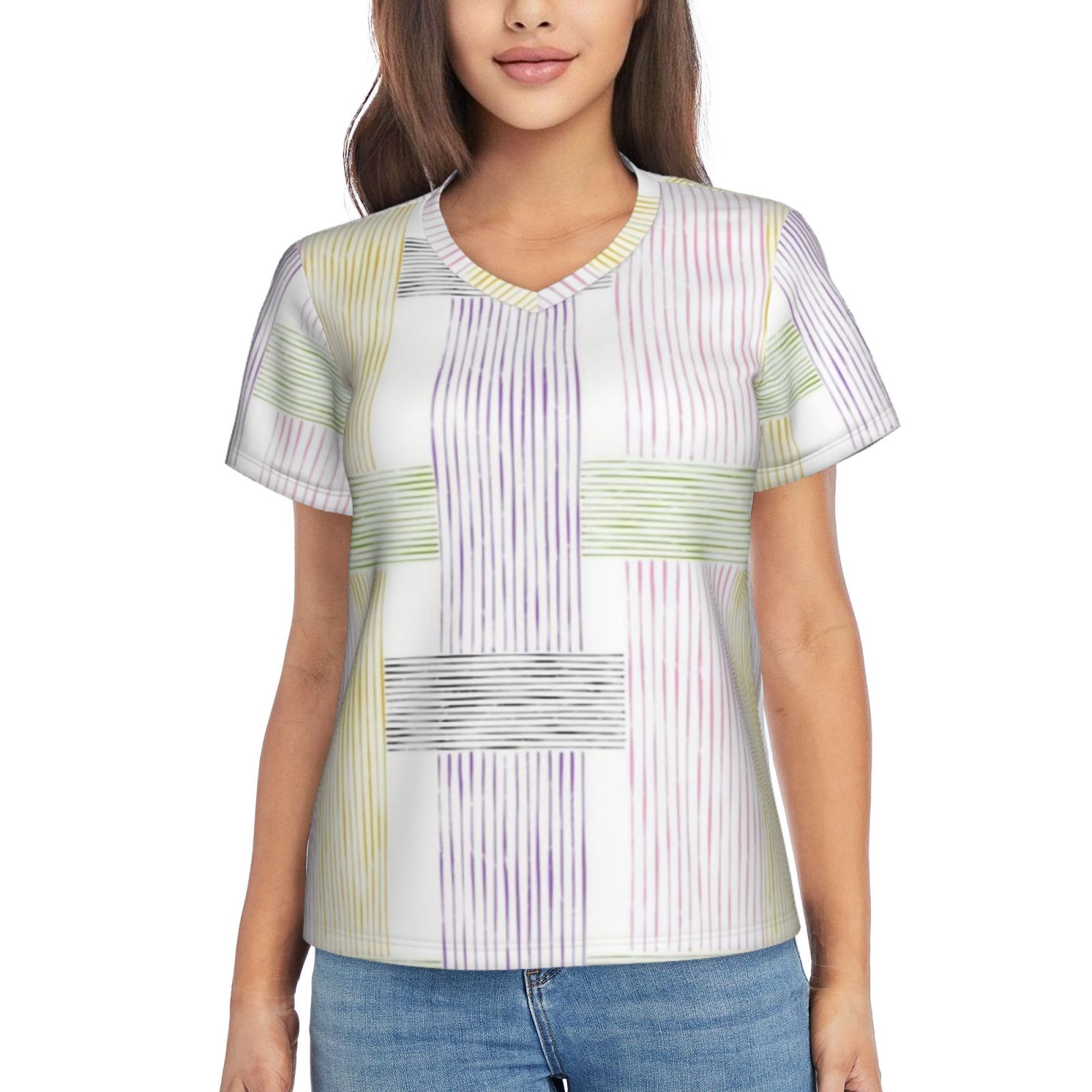 Women's V-neck short-sleeved full-length T-shirt