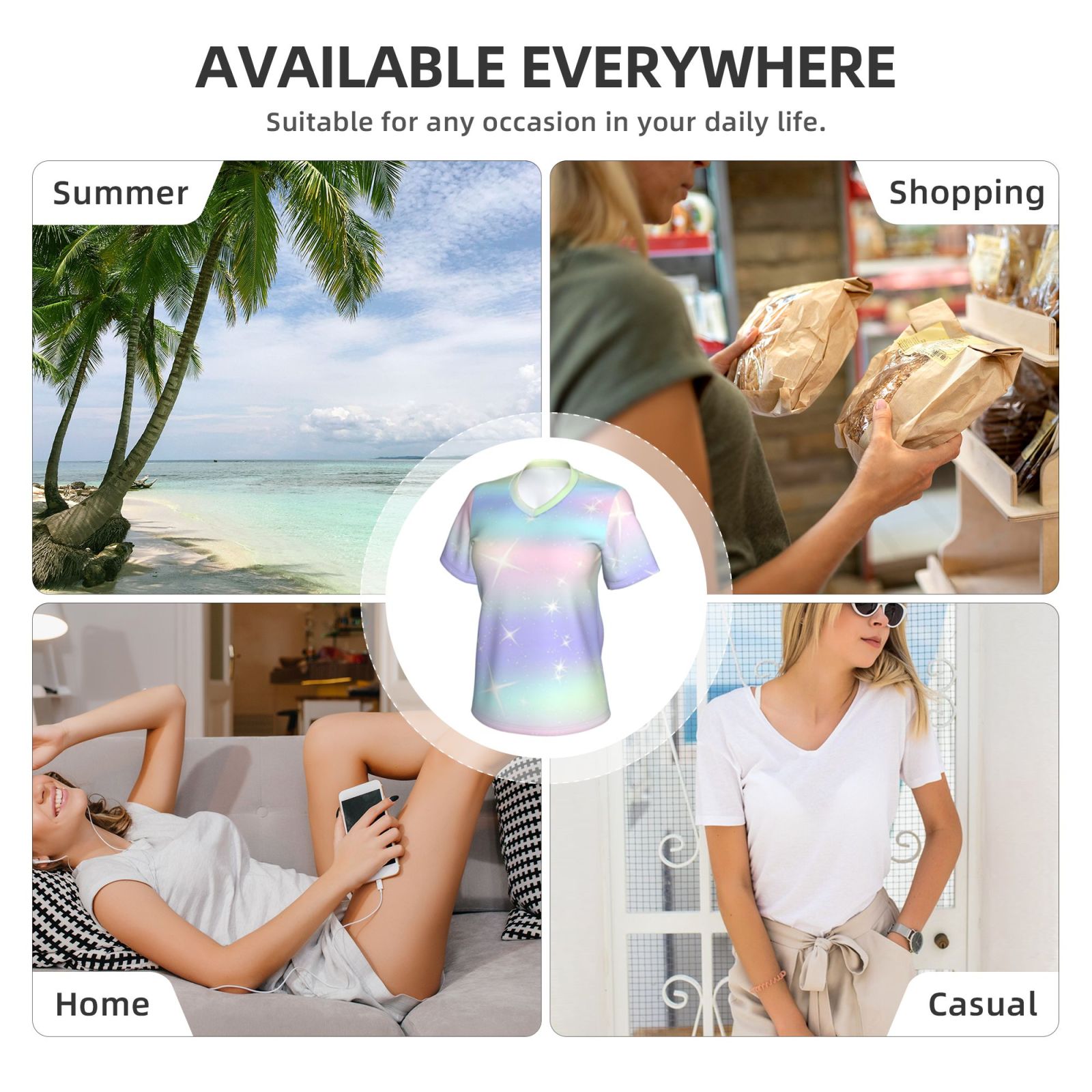 Women's V-neck short-sleeved full-length T-shirt