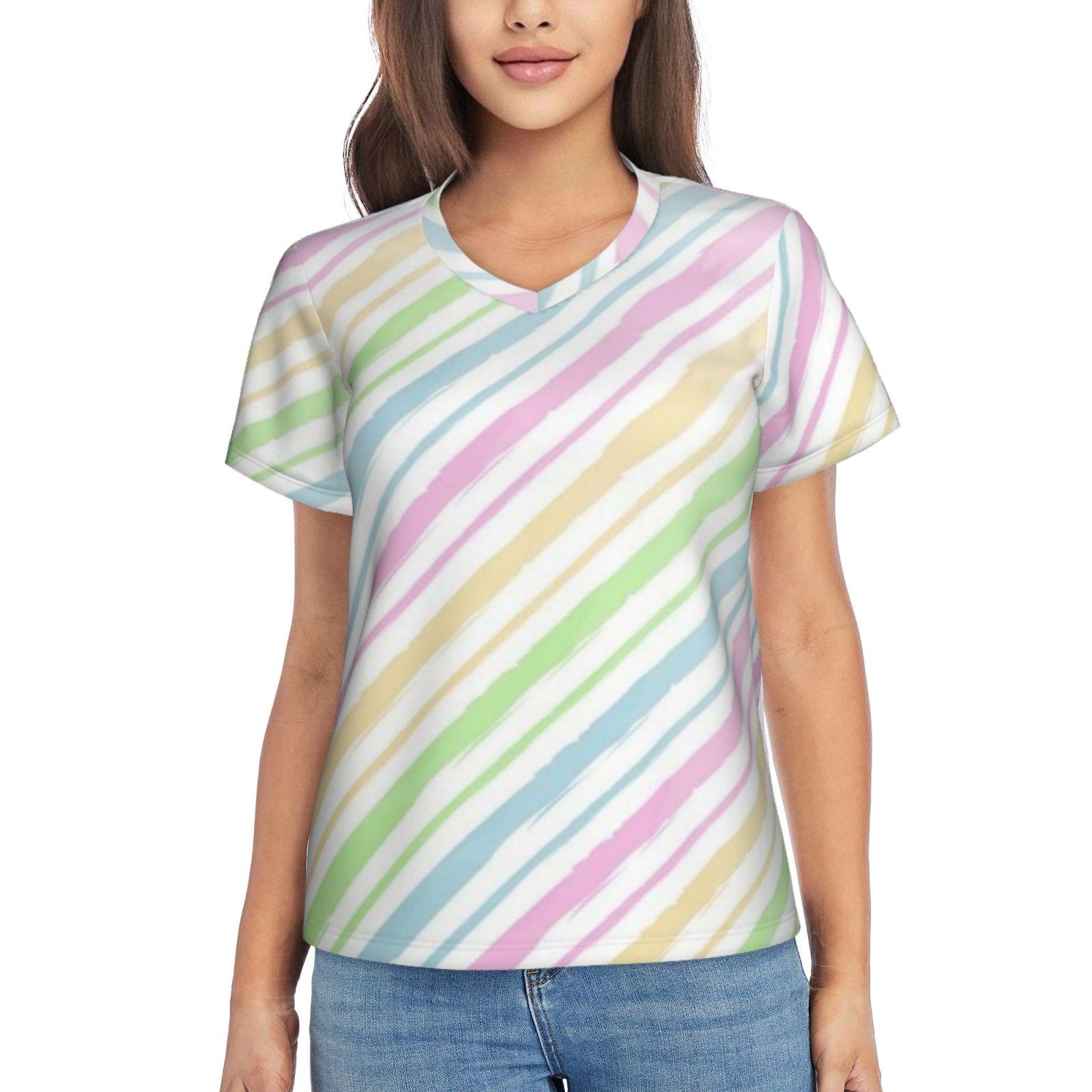 Women's V-neck short-sleeved full-length T-shirt
