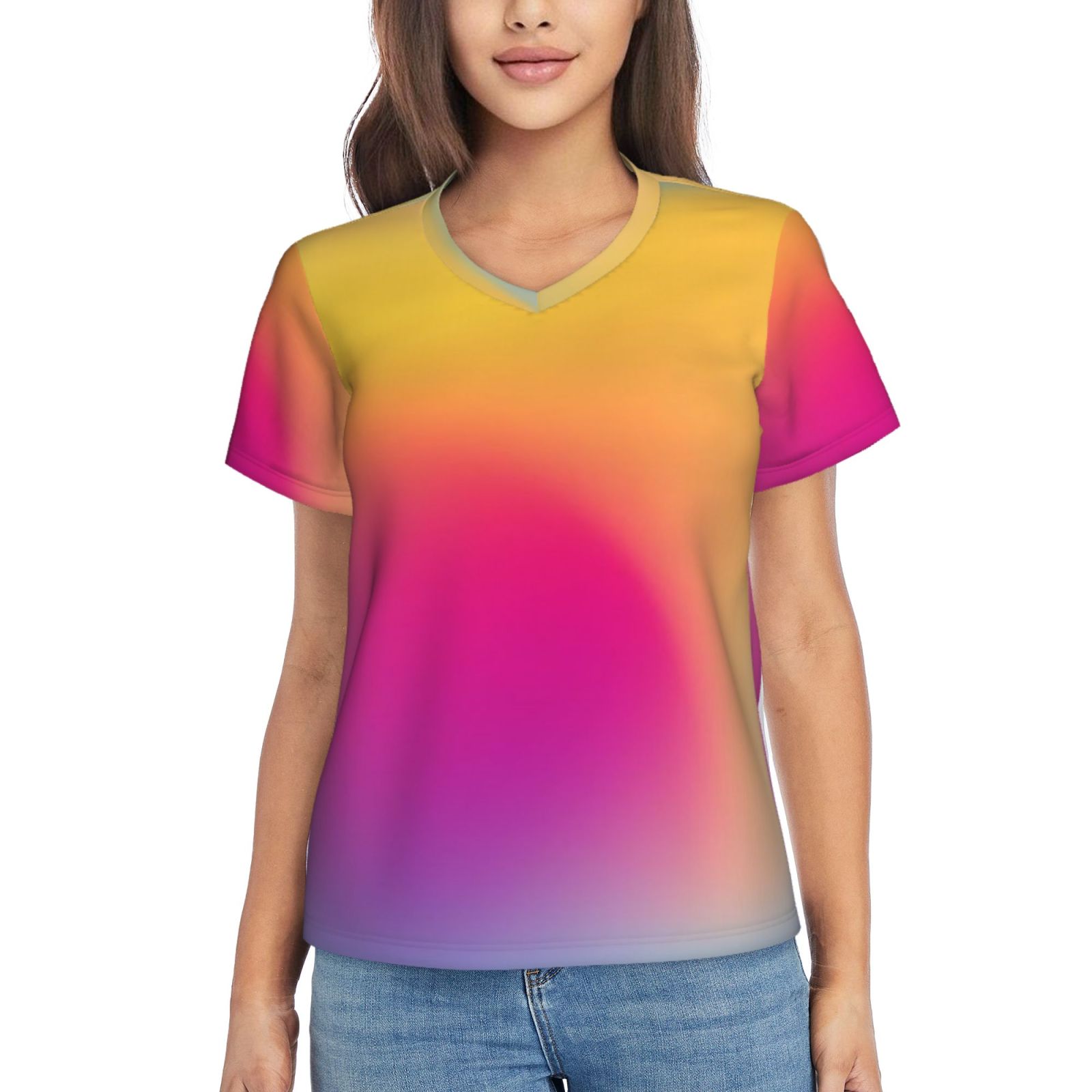 Women's V-neck short-sleeved full-length T-shirt