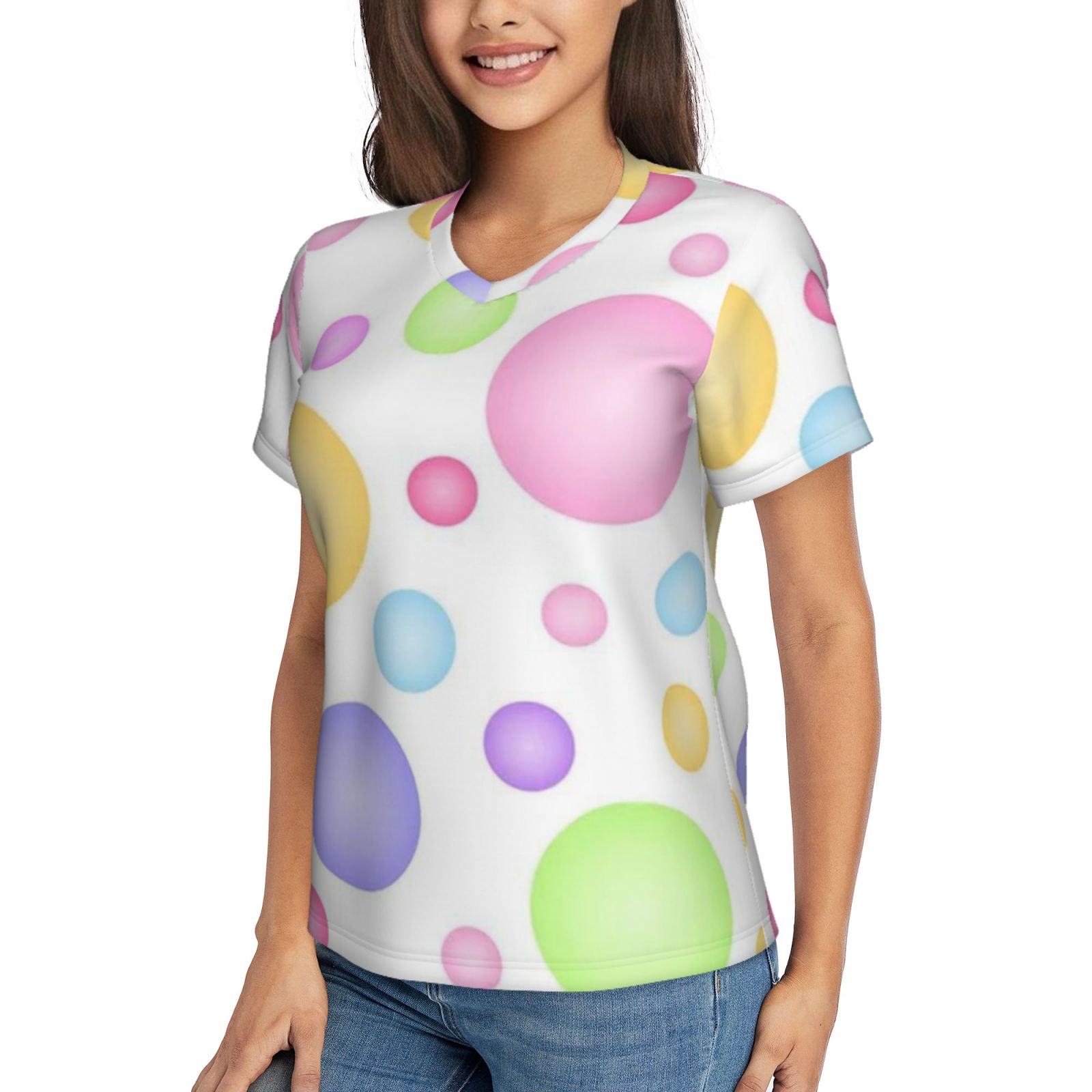 Women's V-neck short-sleeved full-length T-shirt