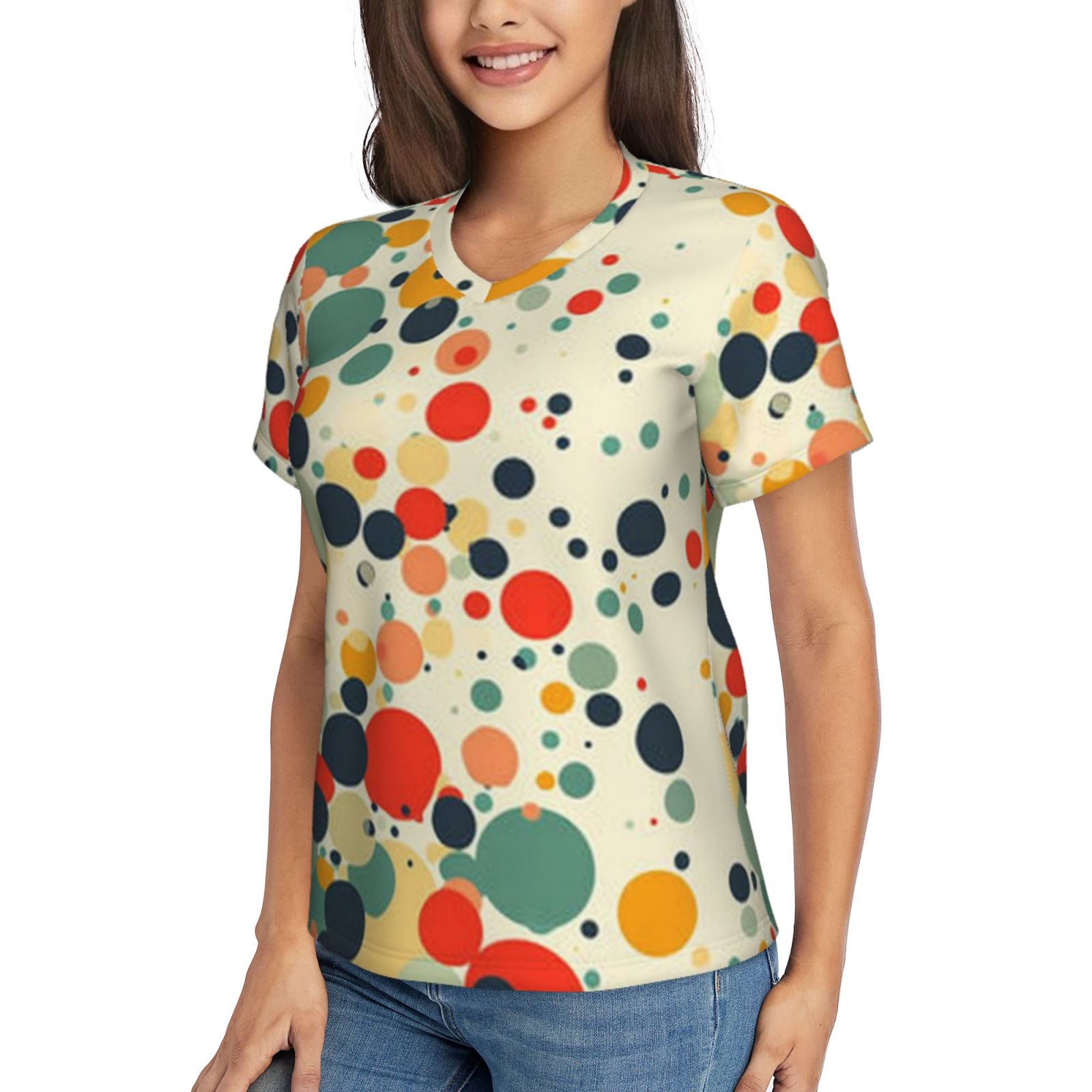 Women's V-neck short-sleeved full-length T-shirt