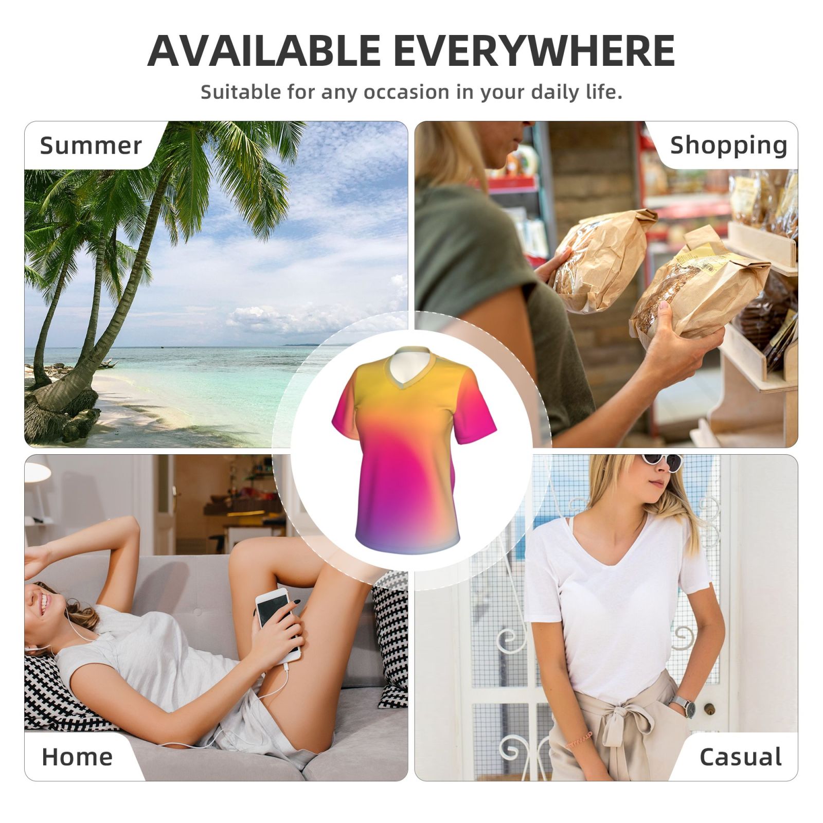 Women's V-neck short-sleeved full-length T-shirt