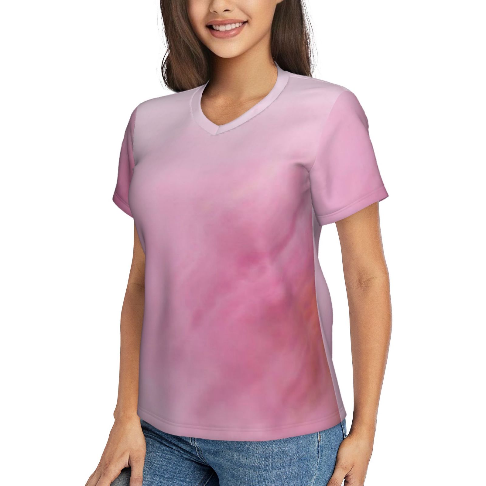Women's V-neck short-sleeved full-length T-shirt
