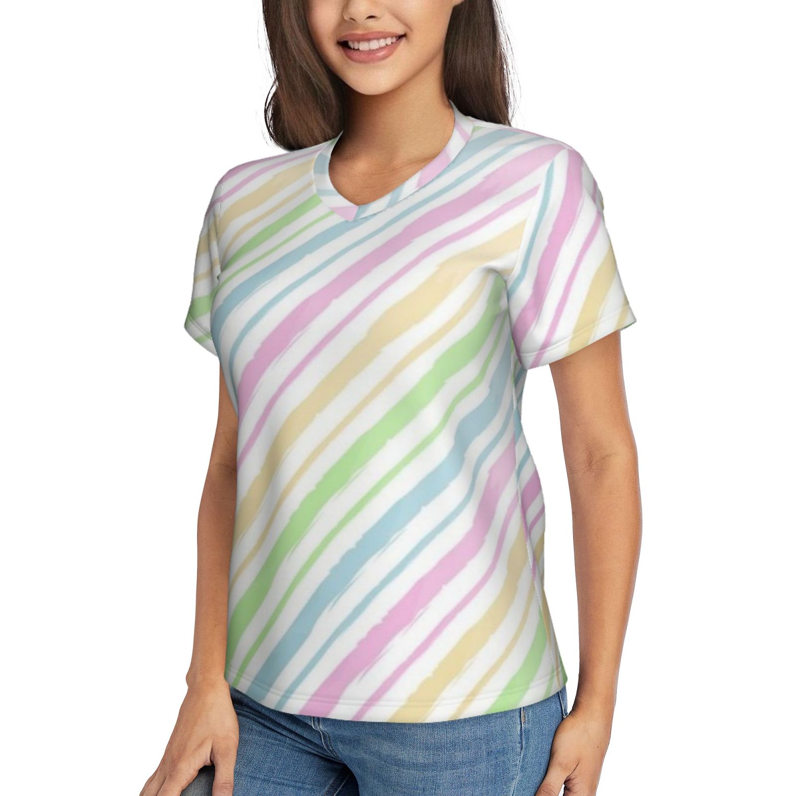 Women's V-neck short-sleeved full-length T-shirt