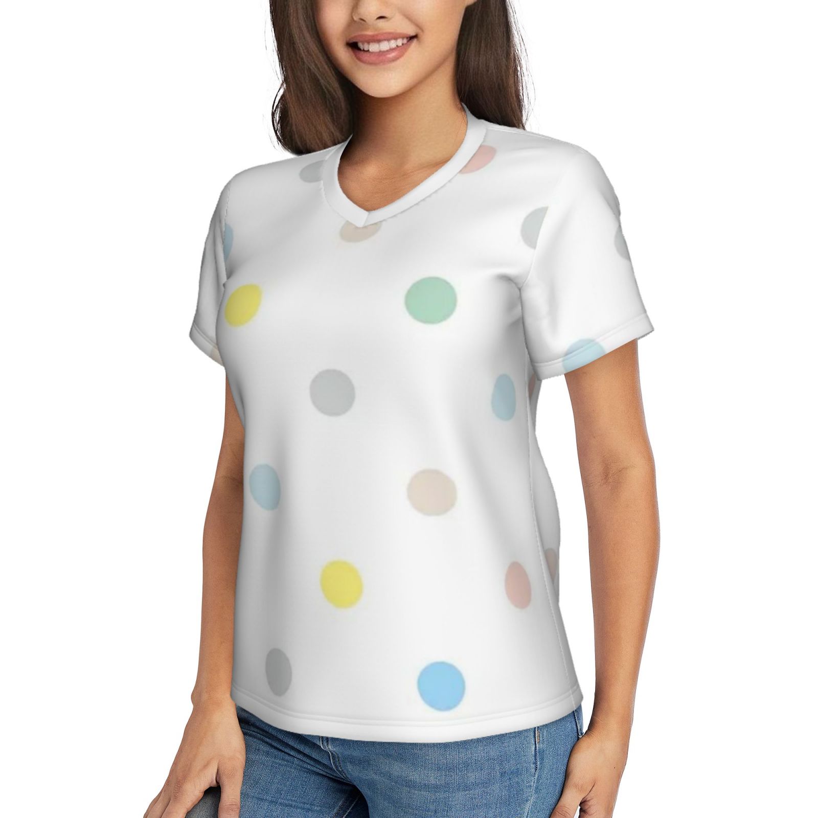Women's V-neck short-sleeved full-length T-shirt