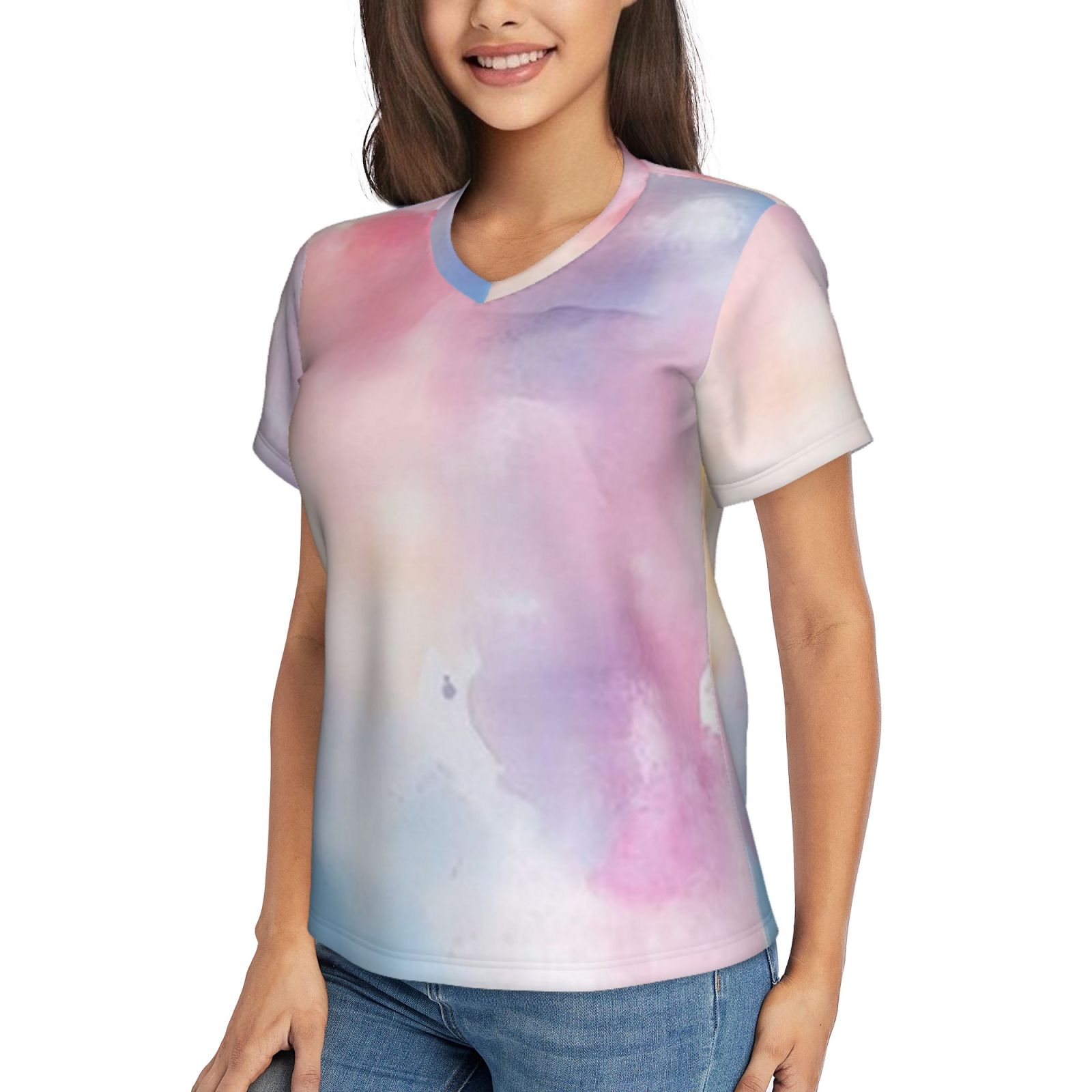 Women's V-neck short-sleeved full-length T-shirt