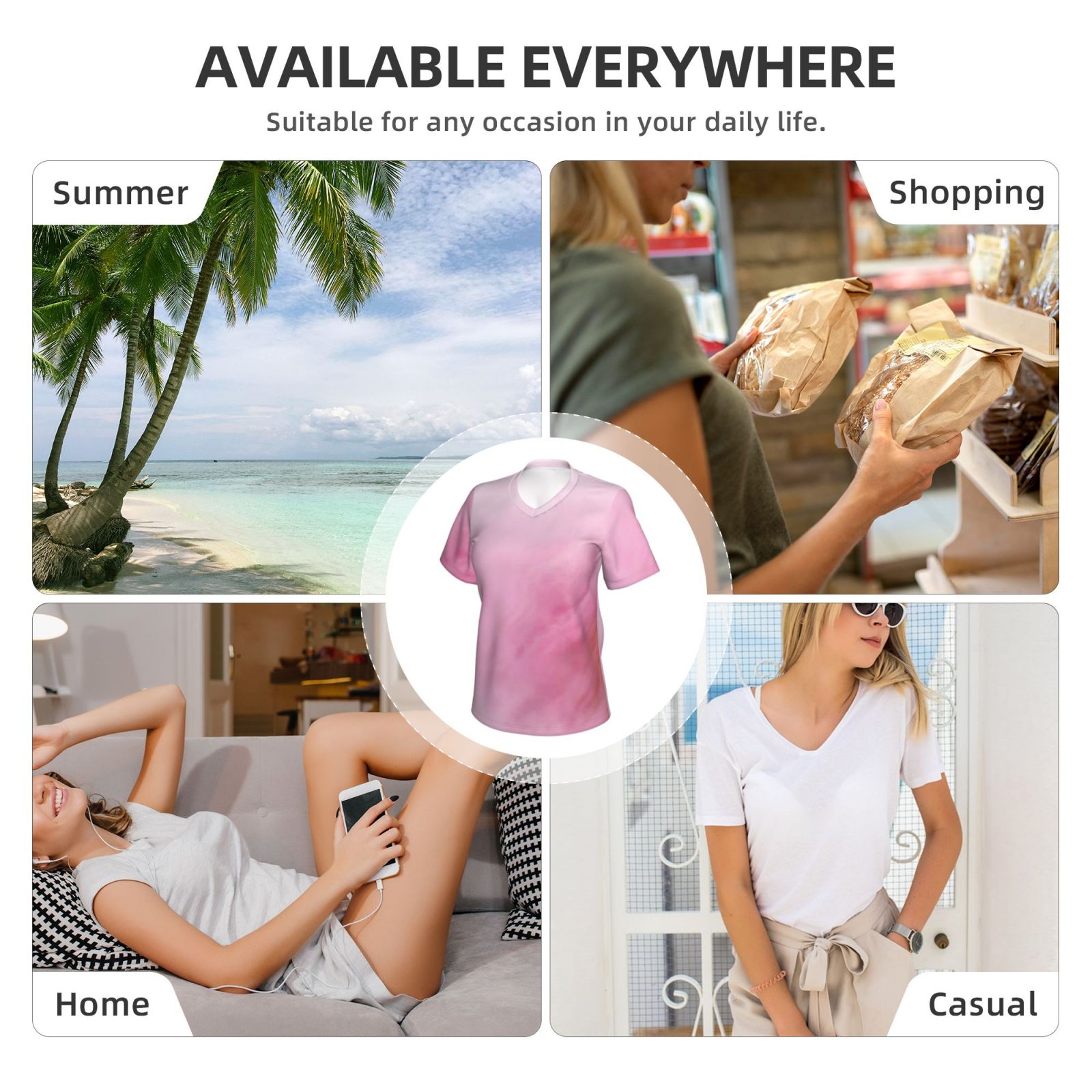 Women's V-neck short-sleeved full-length T-shirt