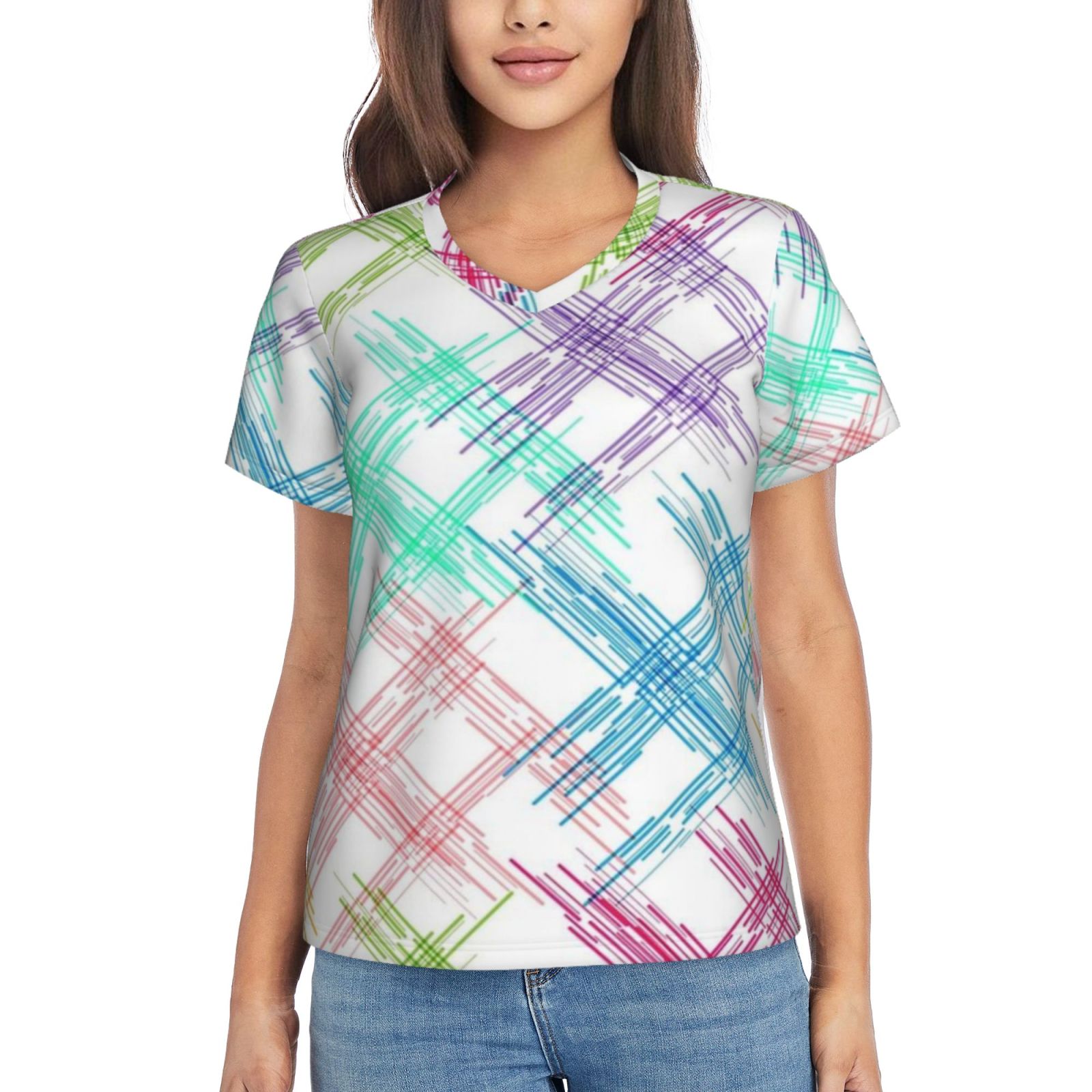 Women's V-neck short-sleeved full-length T-shirt